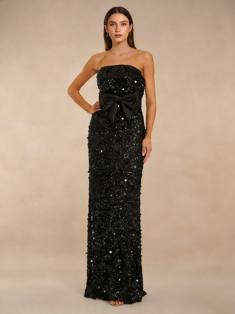 Sexy Strapless Bow Sequin Bow Waist Mermaid Prom Gown