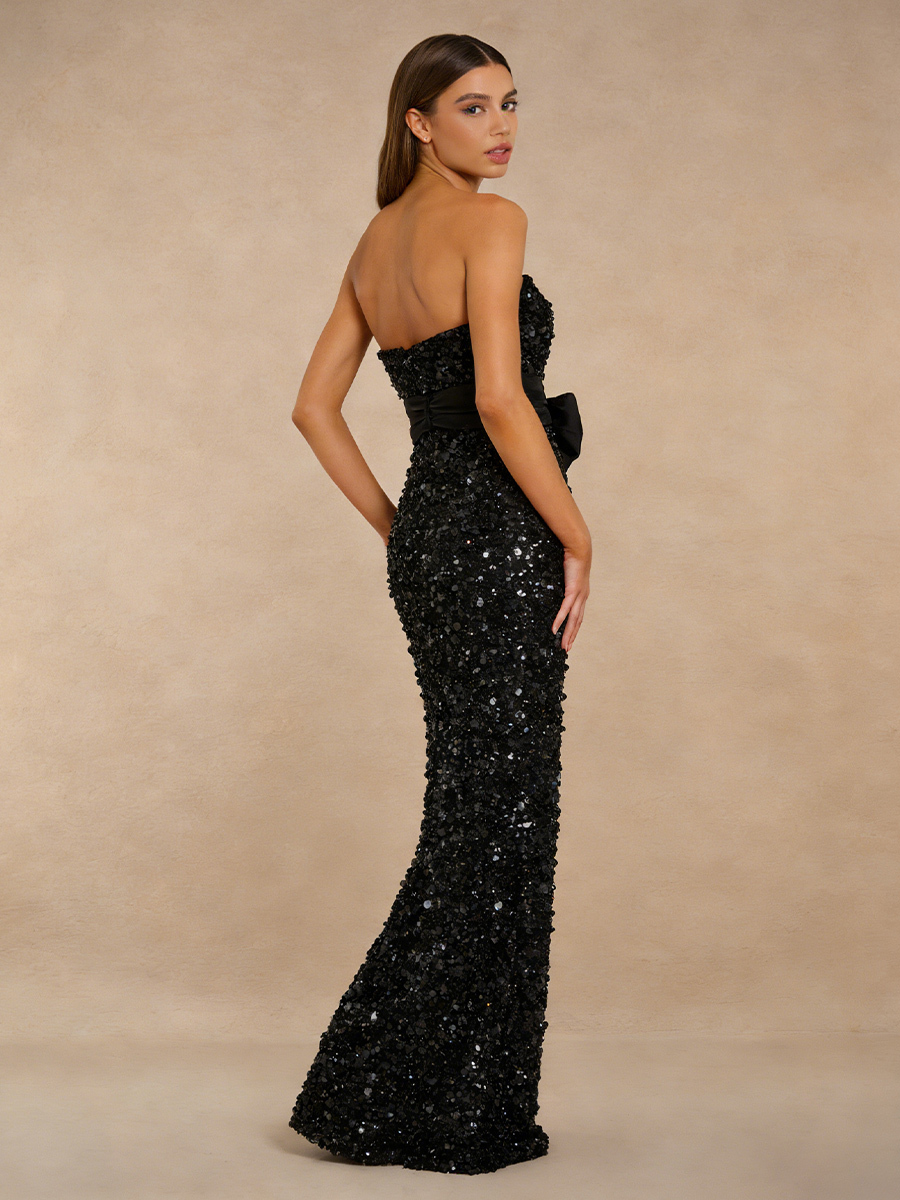 Sexy Strapless Bow Sequin Bow Waist Mermaid Prom Gown