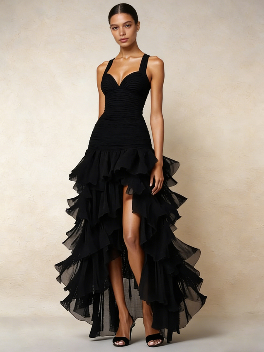 Sexy Sweetheart Neck Ruched Tiered Ruffle High Slit Prom Gown