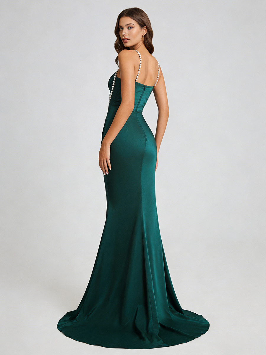 Sexy Square Neck Crystal Strap Satin Ruched High Slit Train Prom Gown