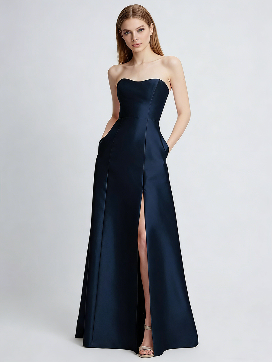 Sexy Strapless Sweetheart Neck Satin High Slit Bow Prom Gown