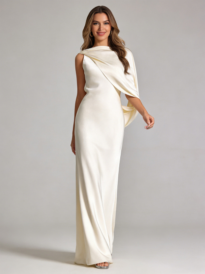 Elegant Asymmetric Draped Neck Satin Open Back Train Prom Gown