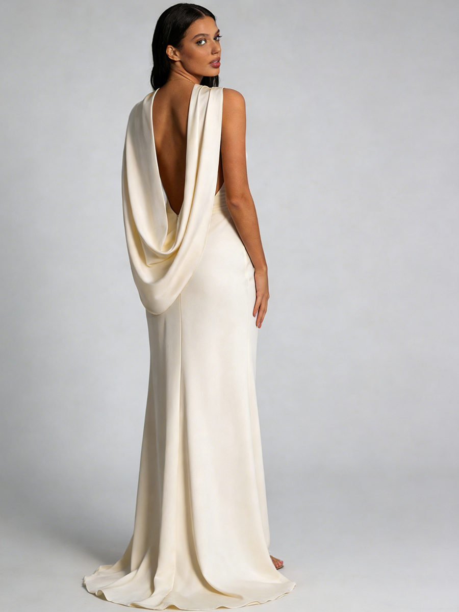 Elegant Asymmetric Draped Neck Satin Open Back Train Prom Gown
