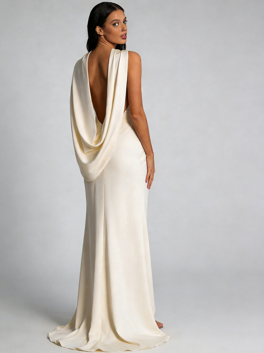 Elegant Asymmetric Draped Neck Satin Open Back Train Prom Gown