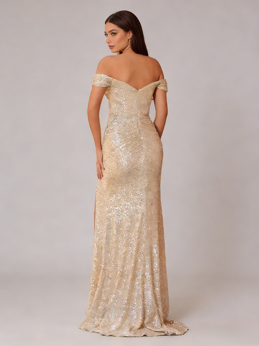 Sexy Off-the-Shoulder Sweetheart Neck Full Sequin Ruched High Slit Formal Evening Gown 