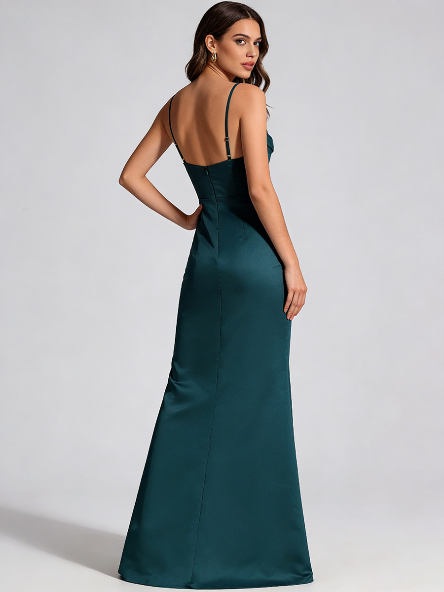 Sexy Spaghetti Strap Draped Neck Satin Ruched High Slit Prom Gown