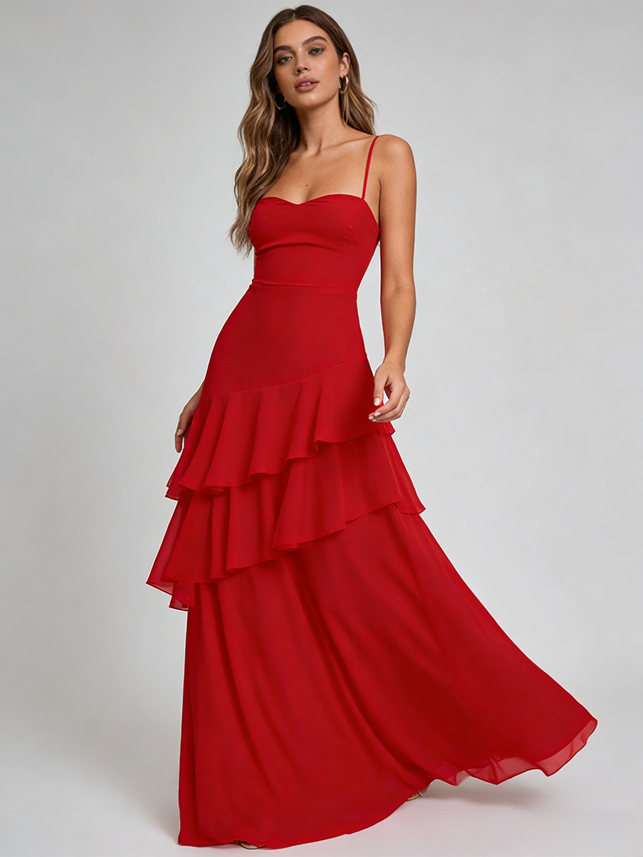 Elegant Thin Strap Sweetheart Neck Tiered Ruffle Open Back Prom Gown