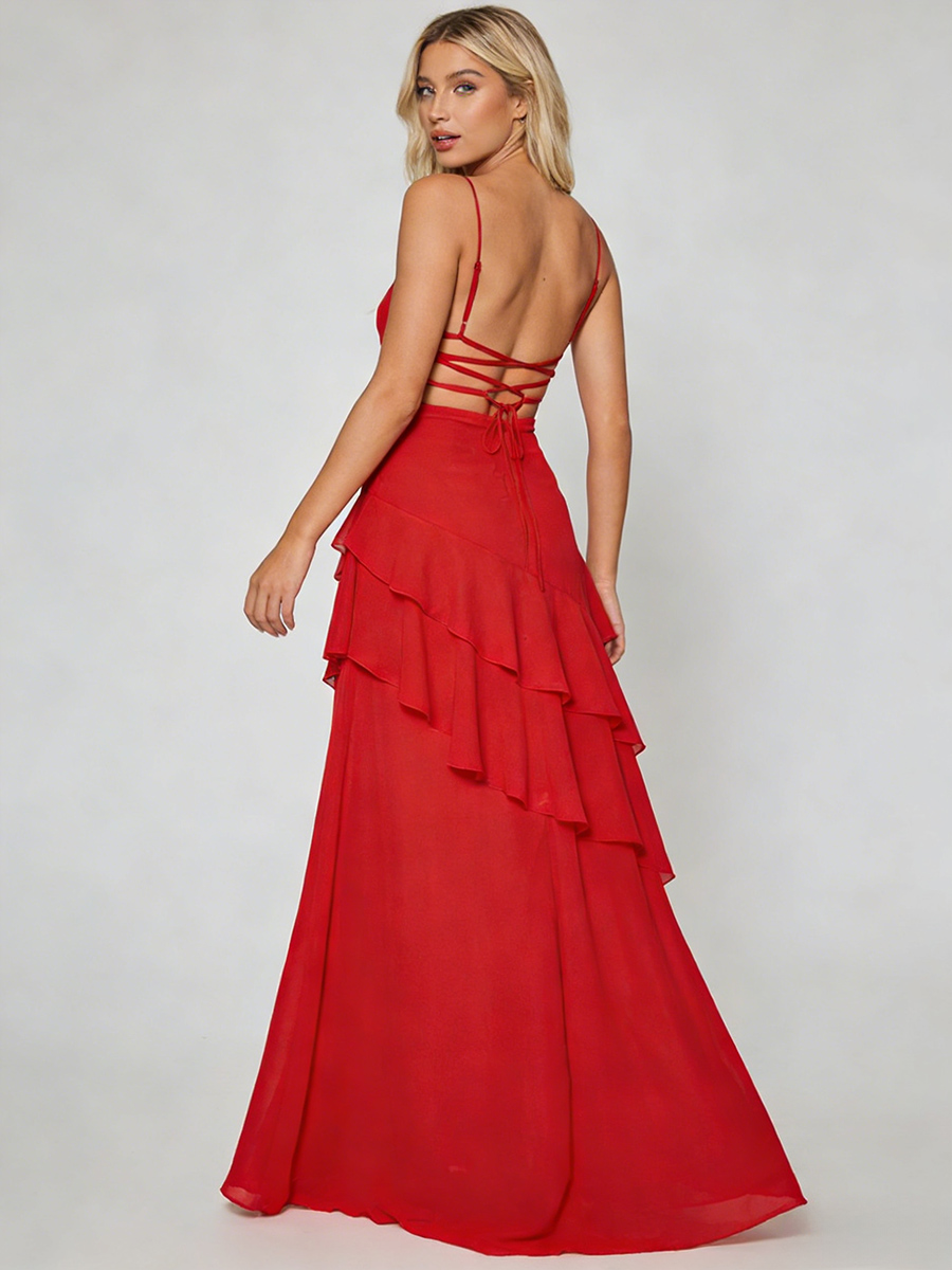 Elegant Thin Strap Sweetheart Neck Tiered Ruffle Open Back Prom Gown