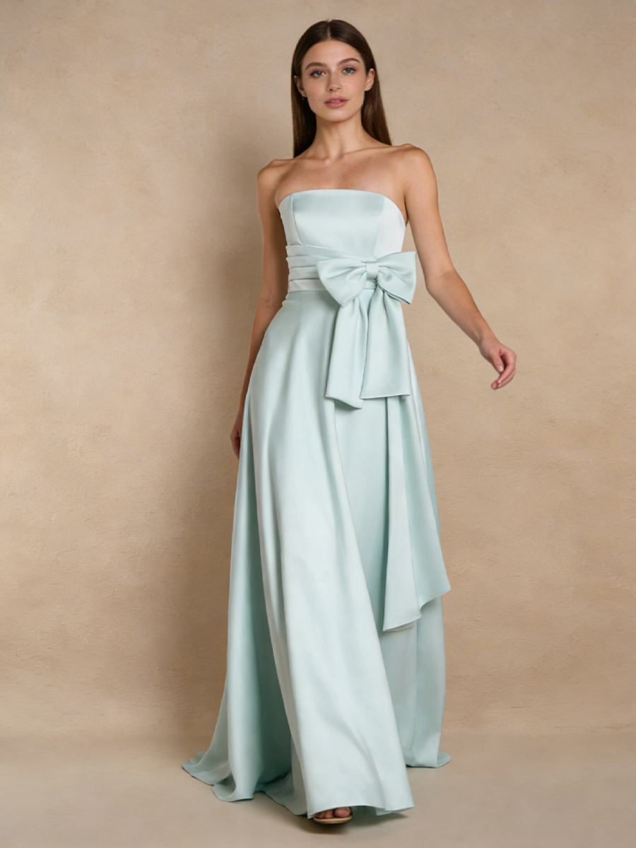Elegant Strapless Square Neck Satin Bow Waist A-Line Prom Gown