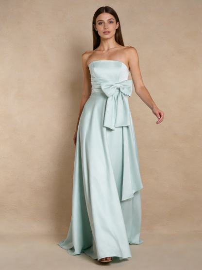Elegant Strapless Square Neck Satin Bow Waist A-Line Prom Gown