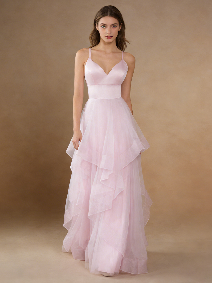 Elegant Spaghetti Strap V-Neck Satin Panel Tiered Tulle Prom Gown