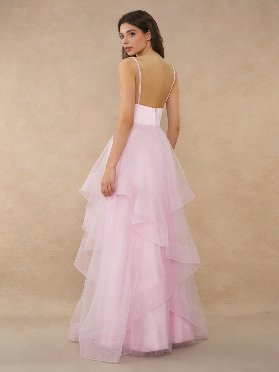 Elegant Spaghetti Strap V-Neck Satin Panel Tiered Tulle Prom Gown