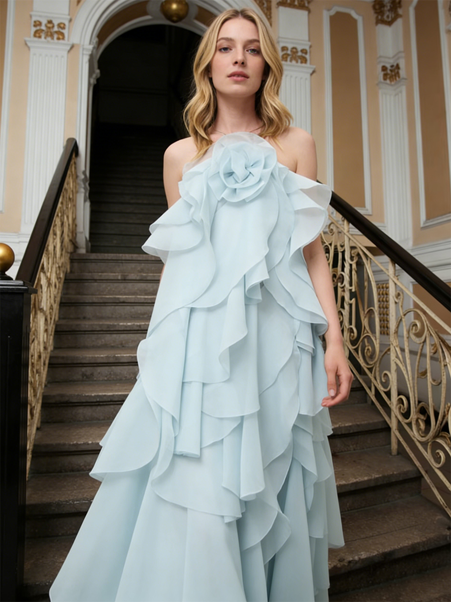 Elegant Halter Floral Tiered Ruffle Lace-Up Back Prom Gown