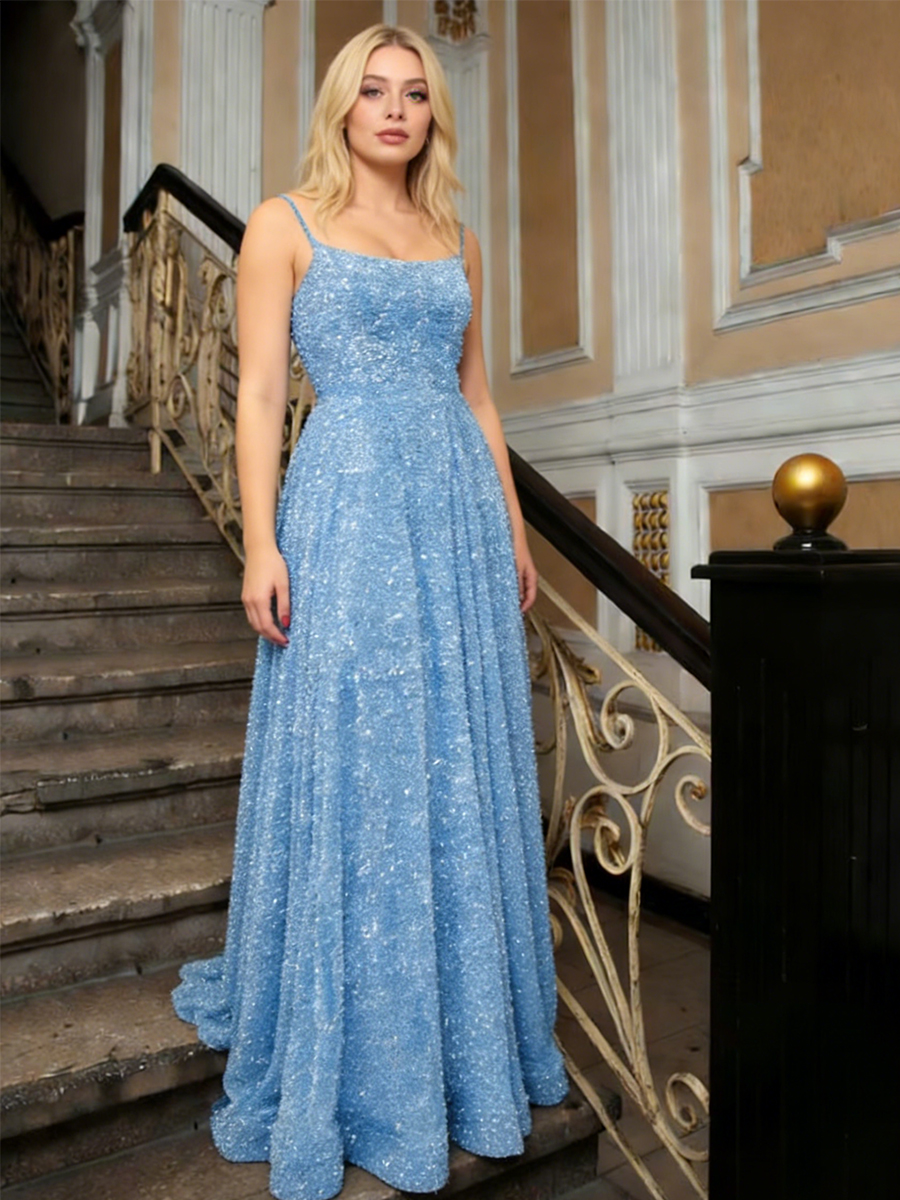 Sexy Spaghetti Strap Square Neck Full Sequin A-Line Train Prom Gown
