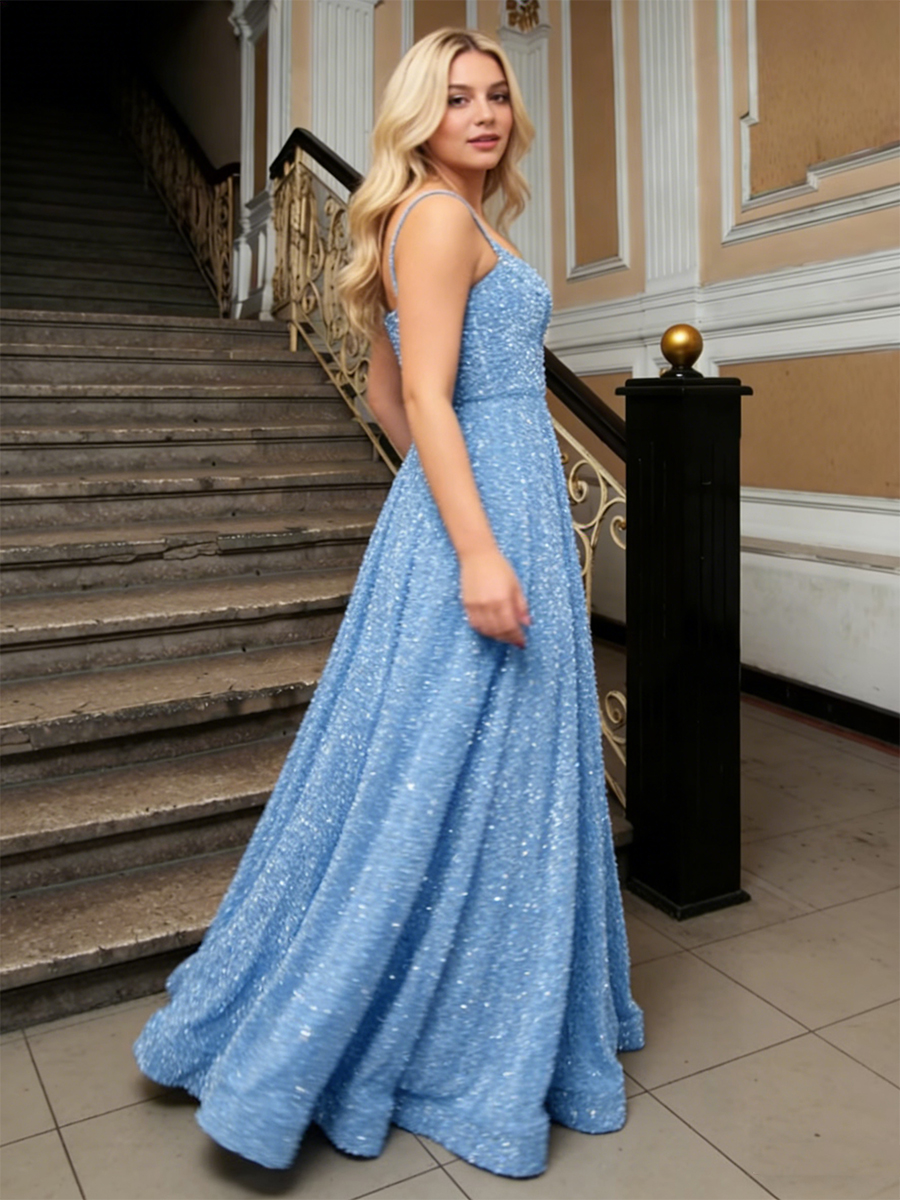 Sexy Spaghetti Strap Square Neck Full Sequin A-Line Train Prom Gown