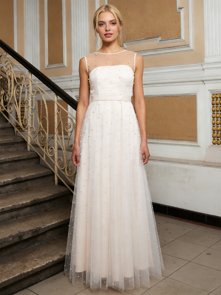 Elegant Spaghetti Strap Mesh Square Neck Beaded A-Line Prom Gown