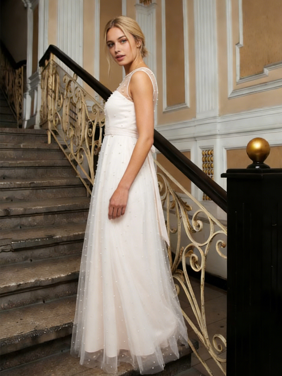 Elegant Spaghetti Strap Mesh Square Neck Beaded A-Line Prom Gown