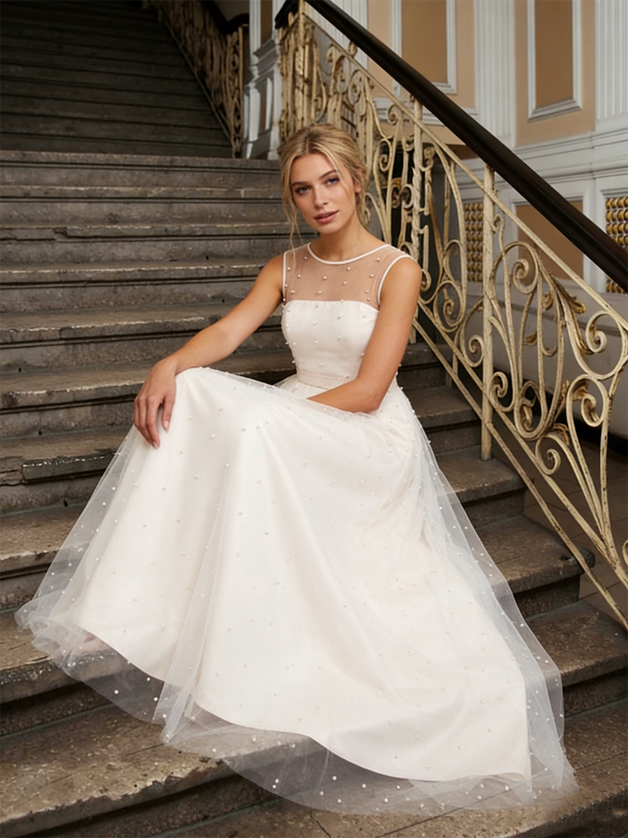 Elegant Spaghetti Strap Mesh Square Neck Beaded A-Line Prom Gown