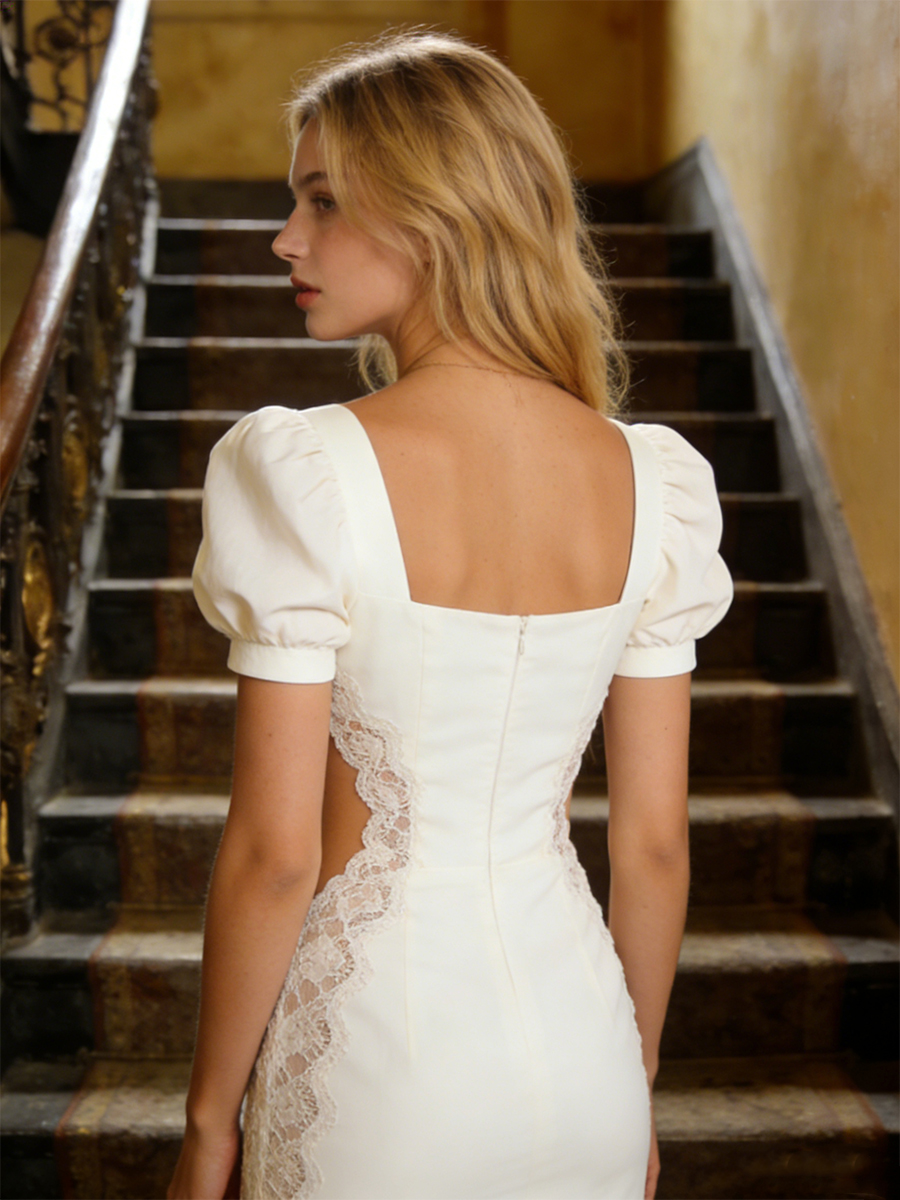 Elegant Square Neck Puff Sleeve Lace Cutout Bodycon Midi Prom Gown