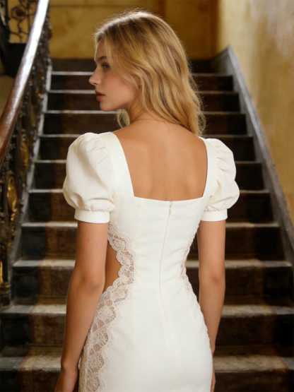 Elegant Square Neck Puff Sleeve Lace Cutout Bodycon Midi Prom Gown