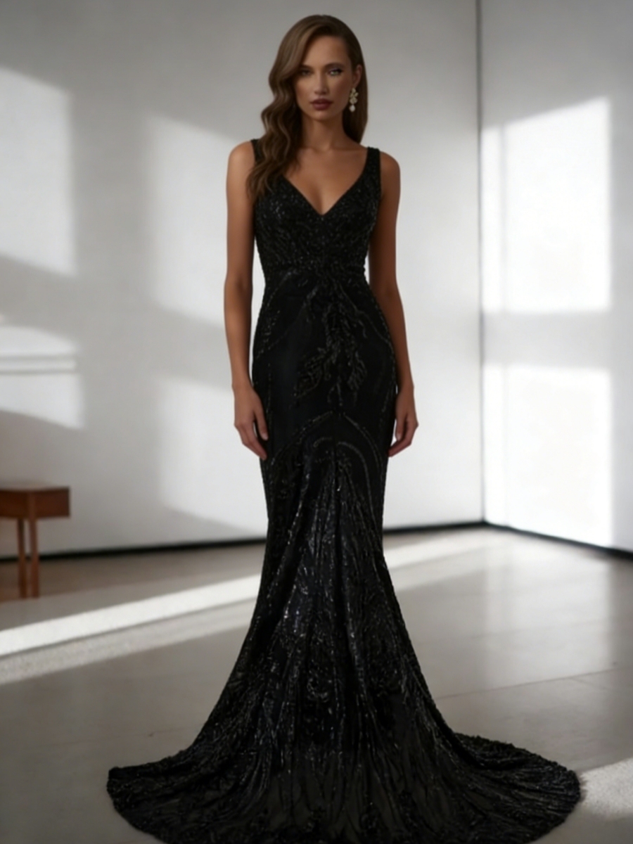Mermaid Deep V-Neck Sequin Mesh Floor-Length Dress with Cathedral Train & Beaded Detailing for Prom & Gala Events