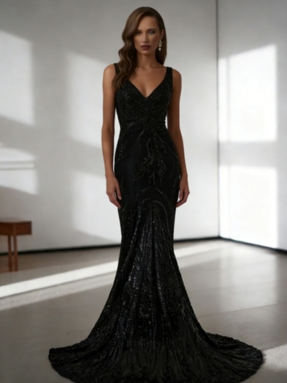 Mermaid Deep V-Neck Sequin Mesh Floor-Length Dress with Cathedral Train & Beaded Detailing for Prom & Gala Events