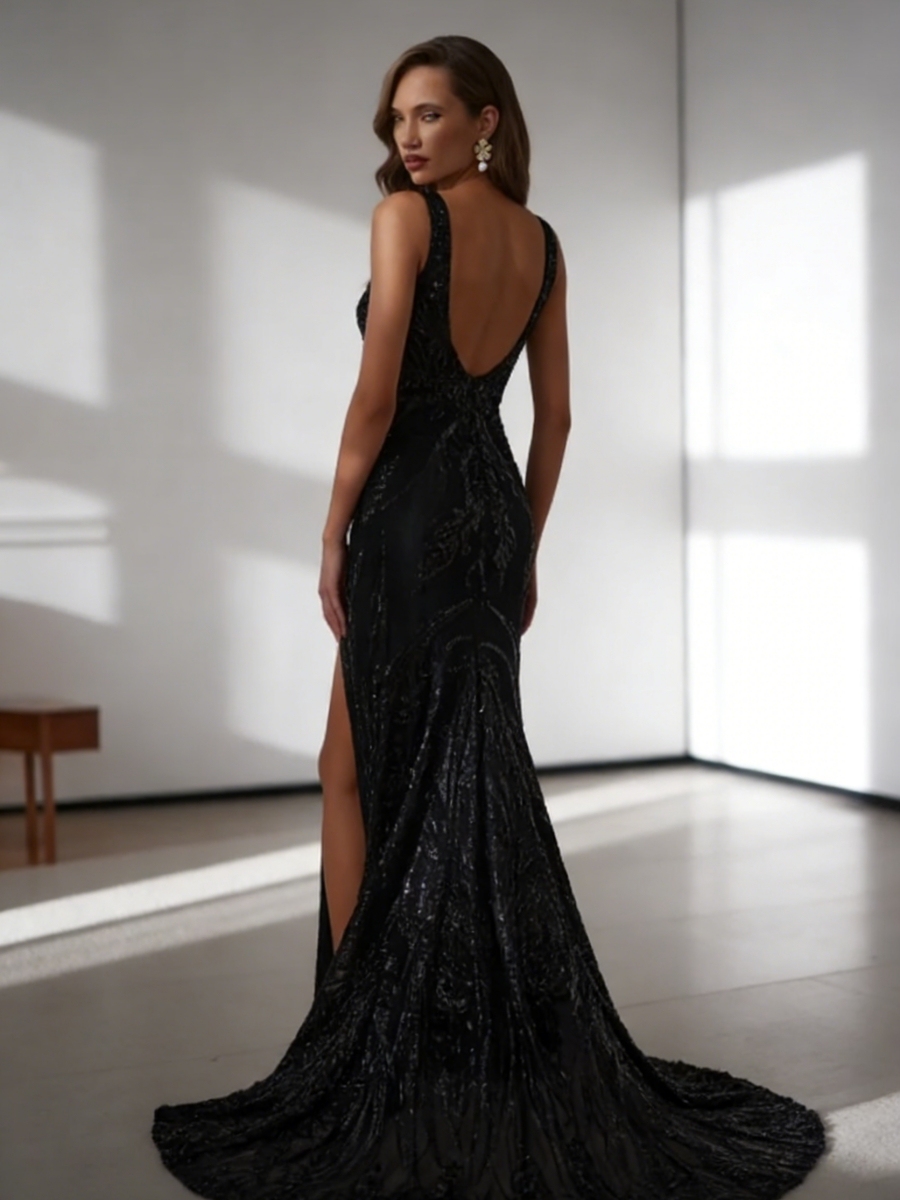 Mermaid Deep V-Neck Sequin Mesh Floor-Length Dress with Cathedral Train & Beaded Detailing for Prom & Gala Events