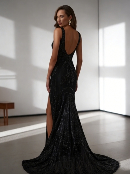 Mermaid Deep V-Neck Sequin Mesh Floor-Length Dress with Cathedral Train & Beaded Detailing for Prom & Gala Events