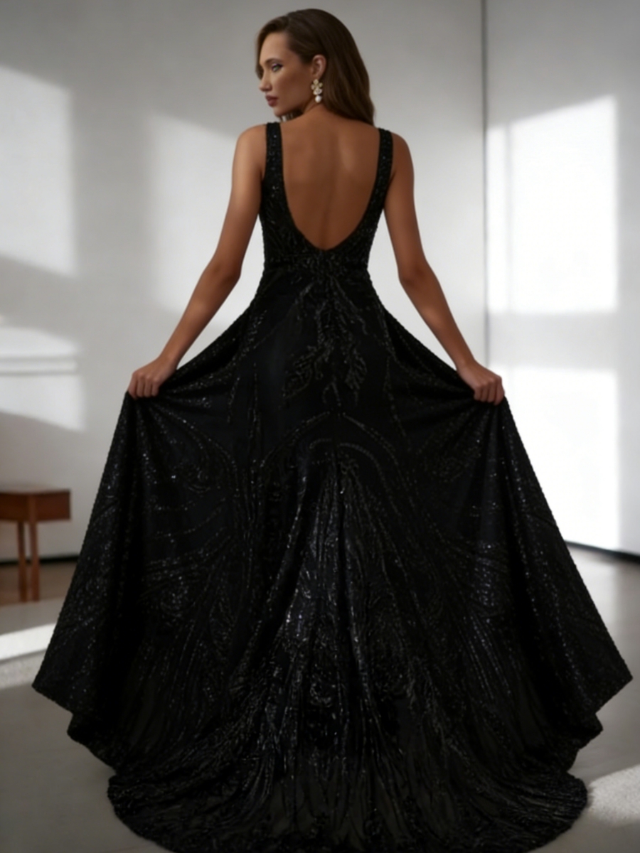 Mermaid Deep V-Neck Sequin Mesh Floor-Length Dress with Cathedral Train & Beaded Detailing for Prom & Gala Events