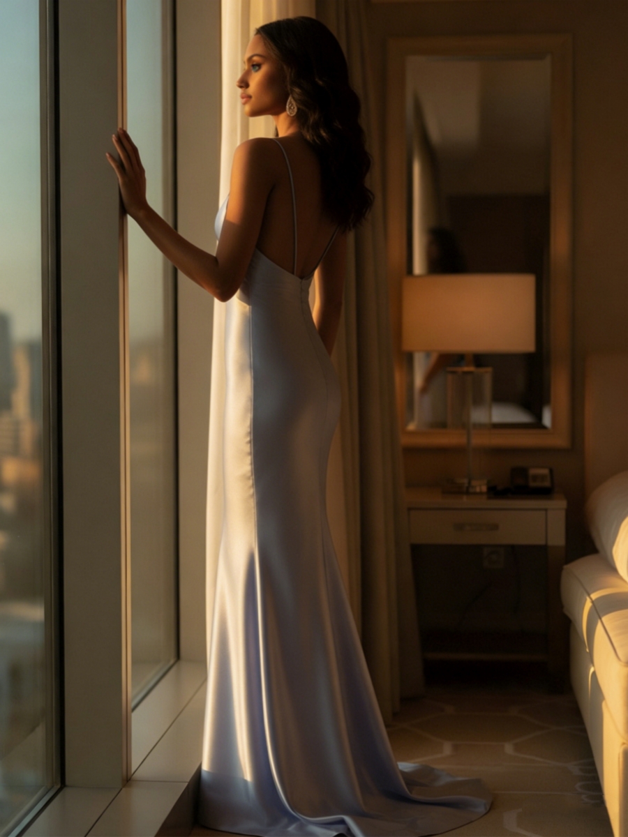 Mermaid Cowl V-Neck Satin Floor-Length Dress with Spaghetti Straps & Sweep Train for Prom & Gala Events