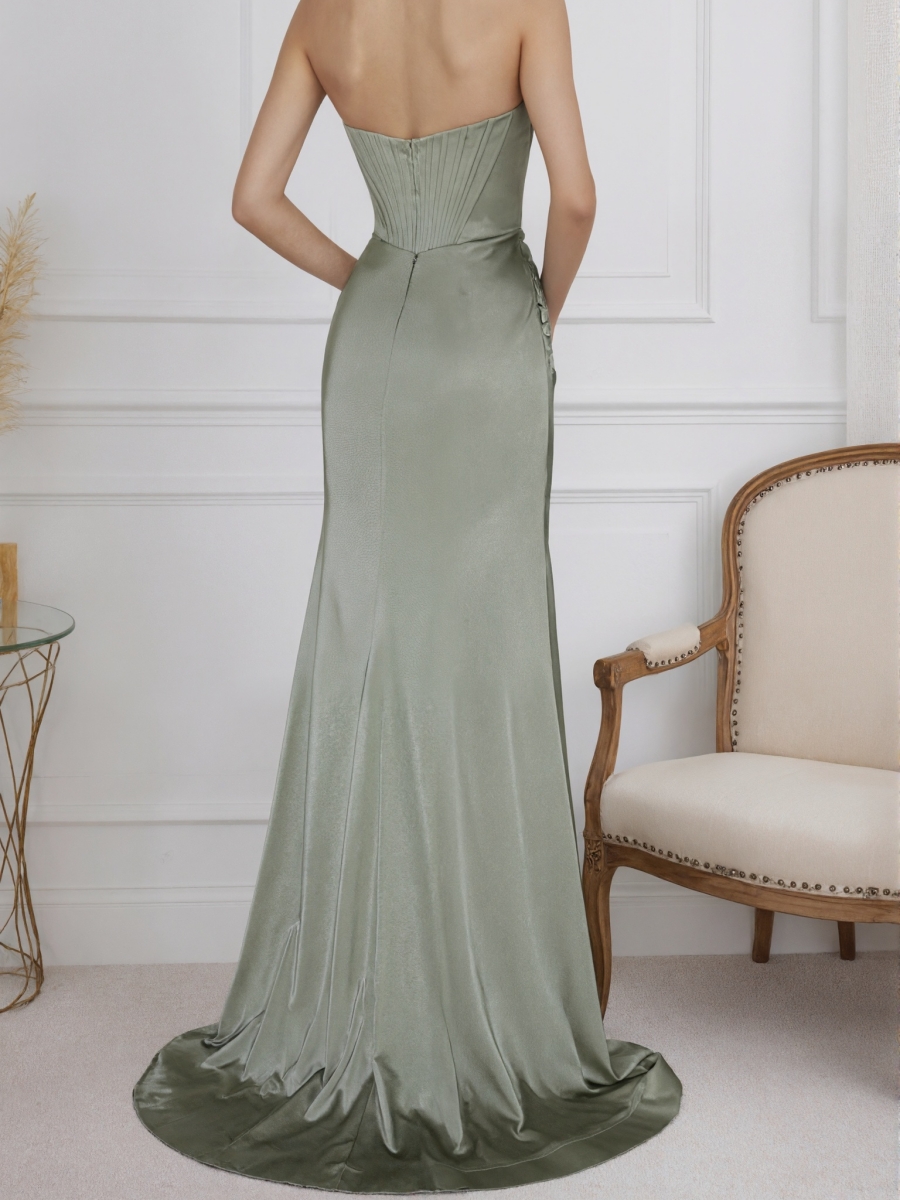 Mermaid Strapless Sweetheart Beaded & Satin Floor-Length Dress with Corset Bodice, Ruched Waist, High Slit & Sweep Train for Prom & Gala Events