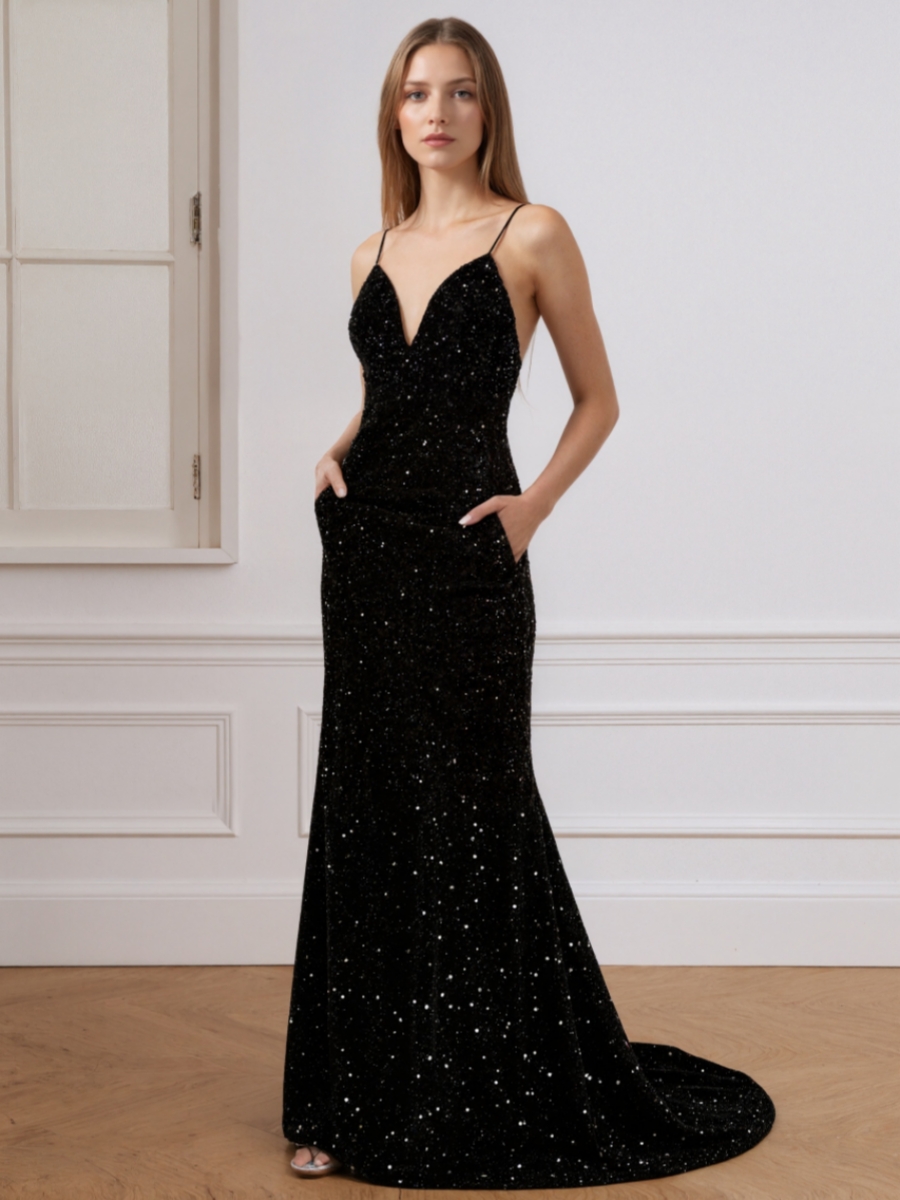 Mermaid Spaghetti Strap Deep V-Neck Sequin Mesh Floor-Length Dress with All-Over Sequins for Prom & Gala Events