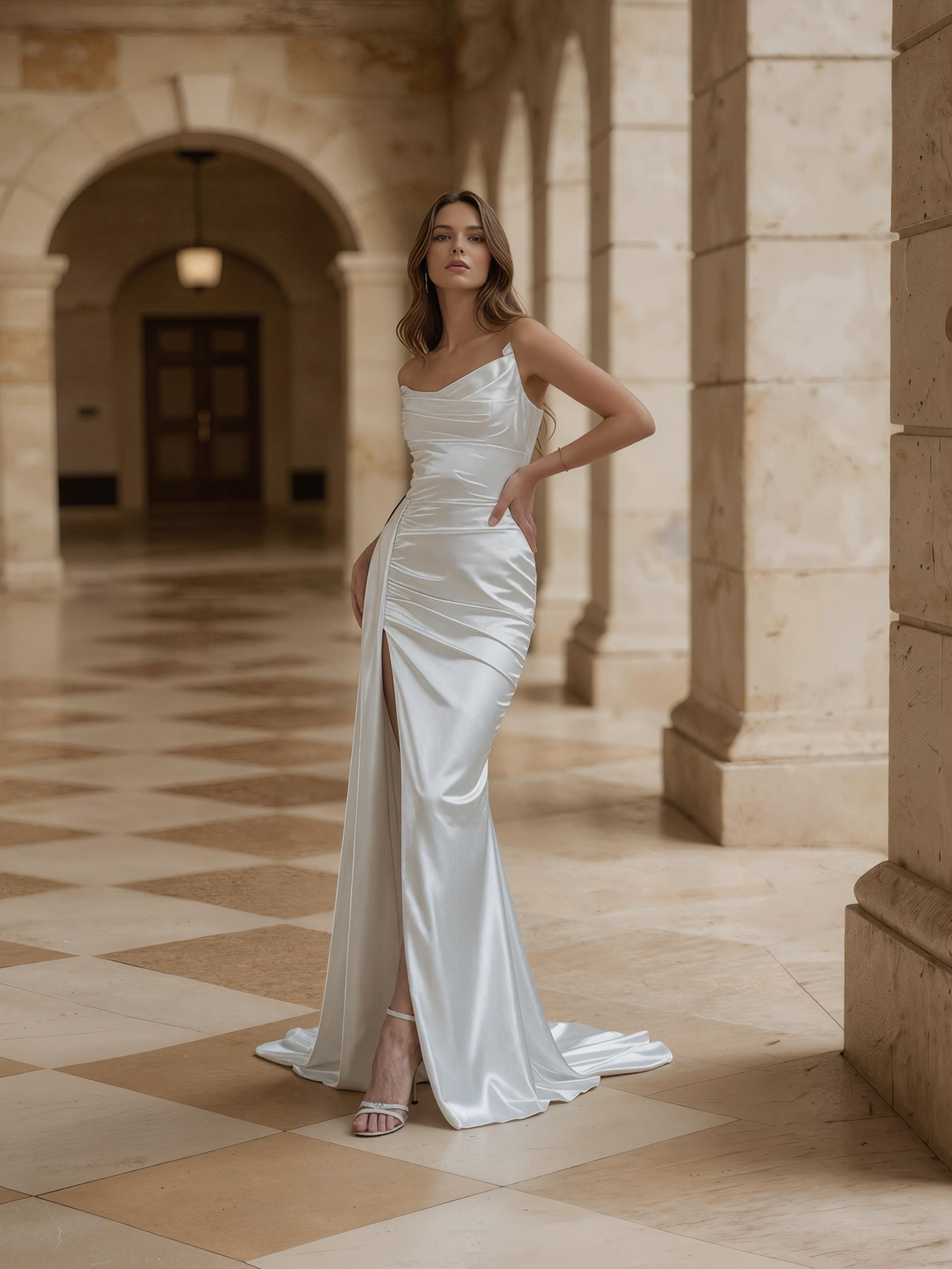 Trumpet One-Shoulder Satin Floor-Length High Slit Wedding Dress