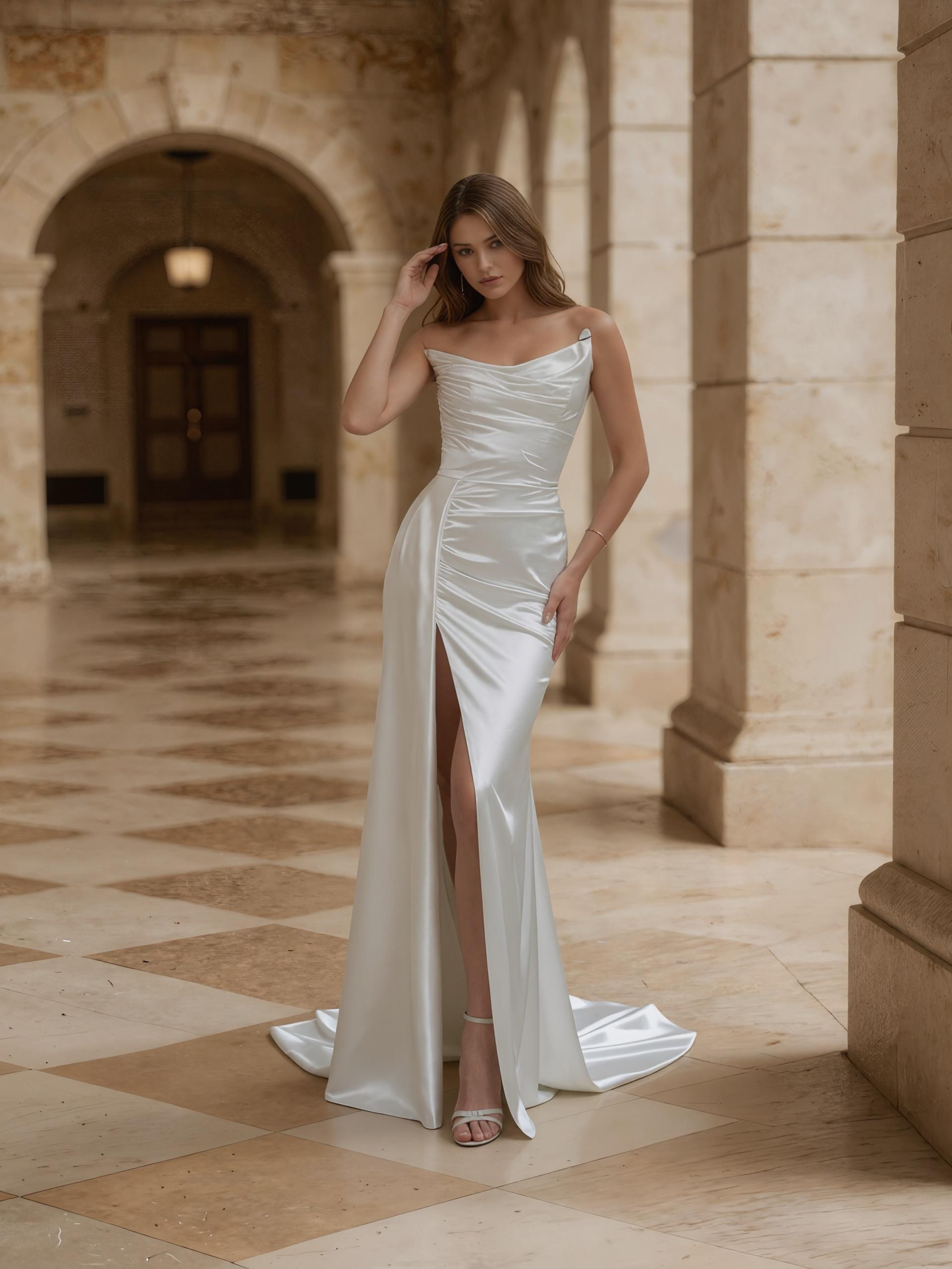 Trumpet One-Shoulder Satin Floor-Length High Slit Wedding Dress