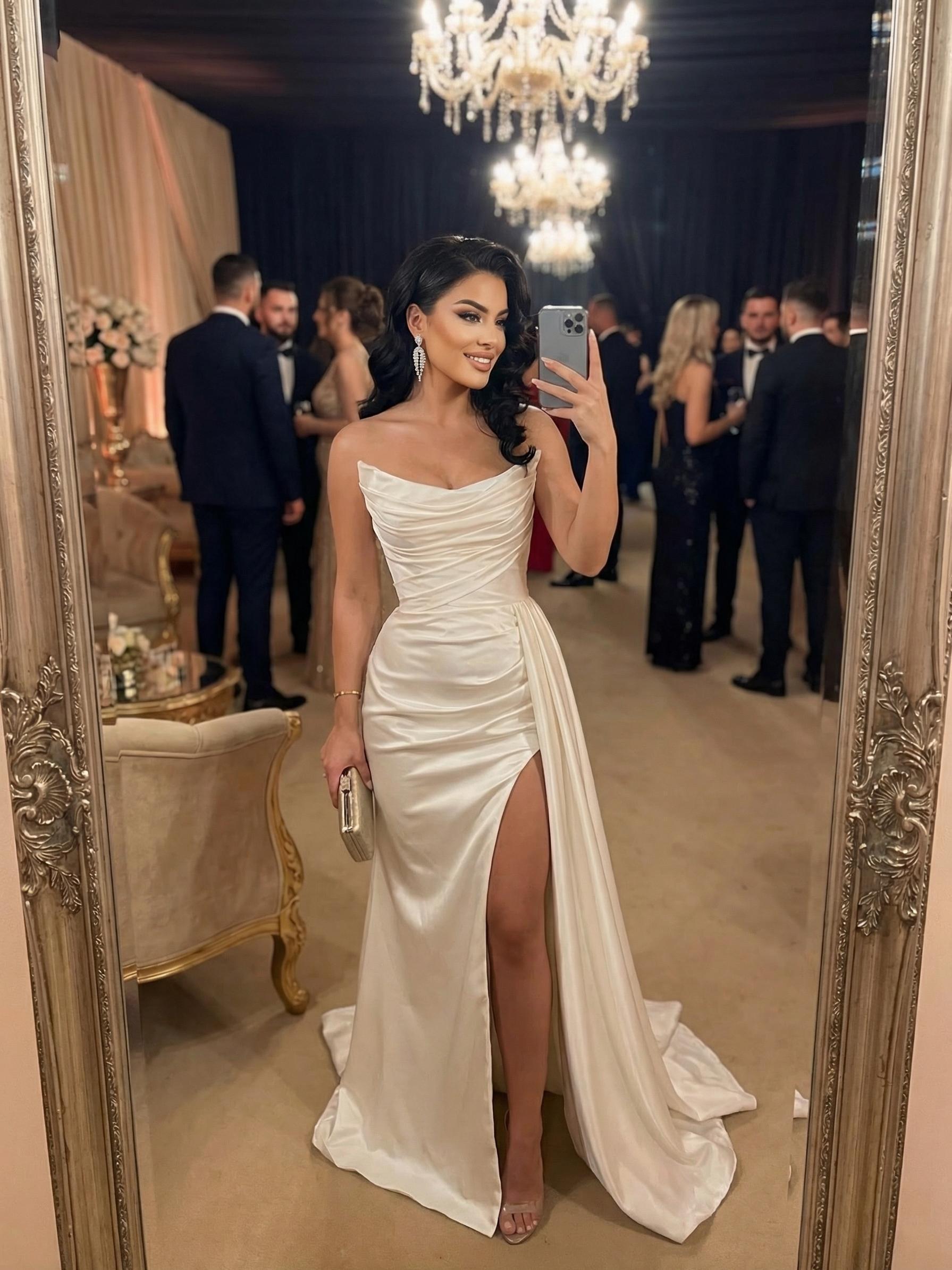 Trumpet One-Shoulder Satin Floor-Length High Slit Wedding Dress