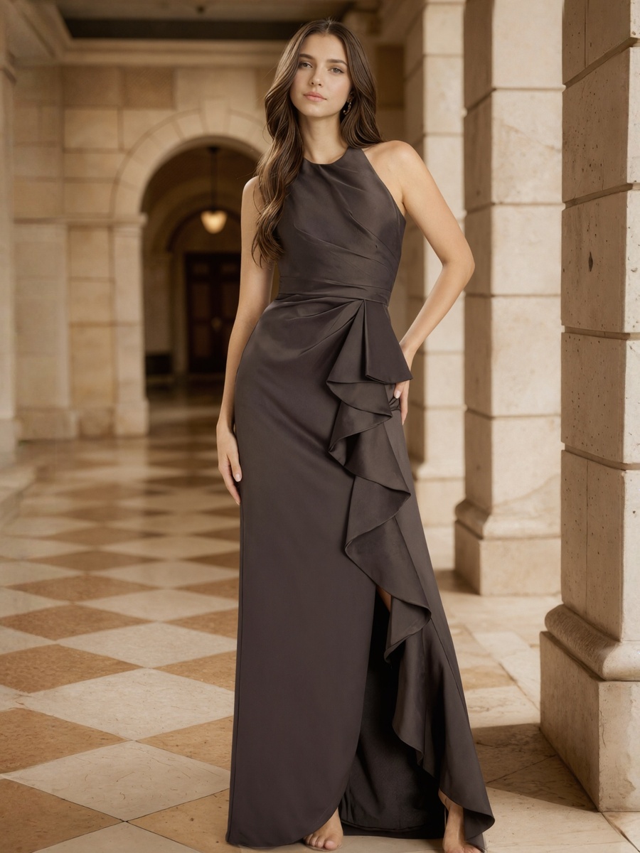 Sheath Halter Satin Floor-Length Ruffle Overlay Formal Evening Gown