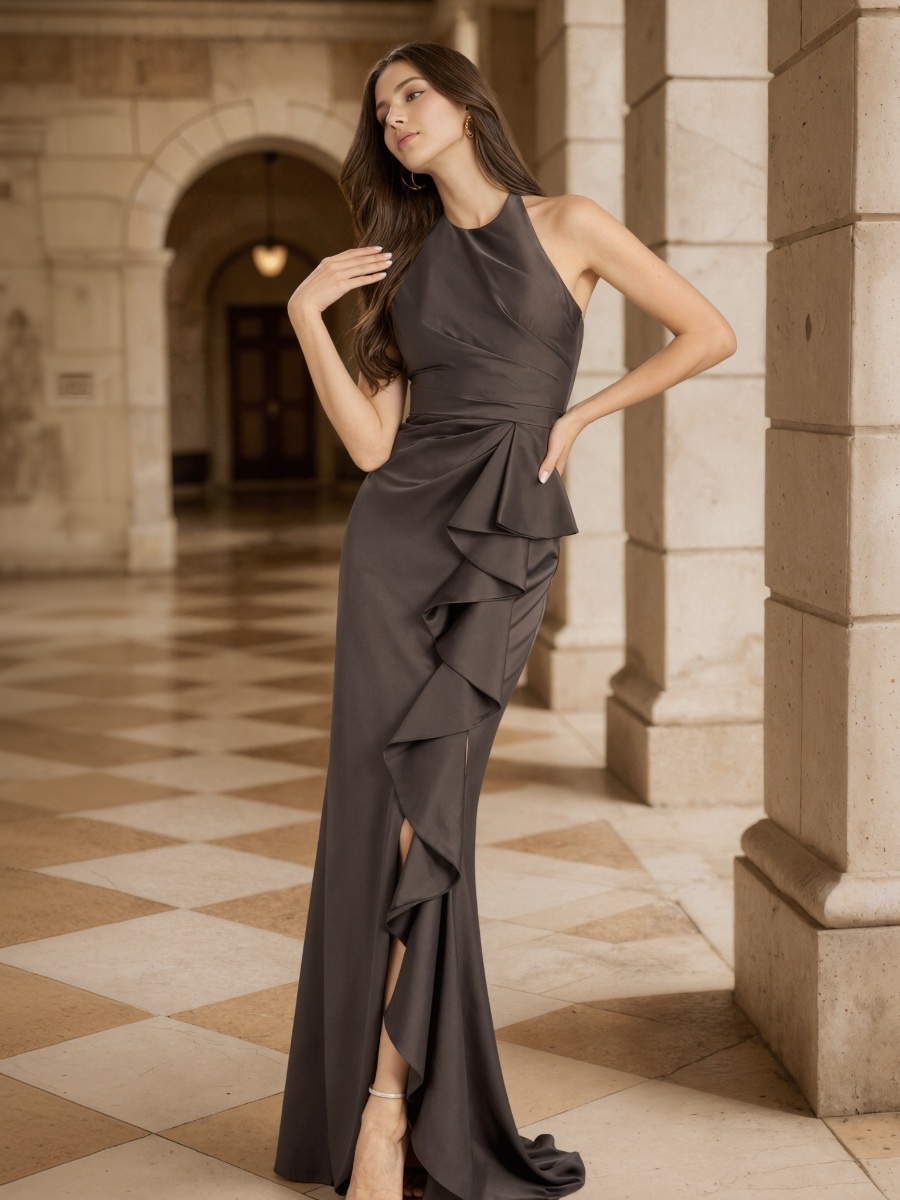 Sheath Halter Satin Floor-Length Ruffle Overlay Formal Evening Gown