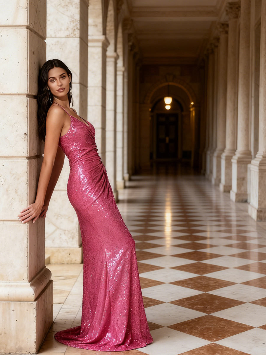 Mermaid Spaghetti Strap V-Neck Sequin Floor-Length High Slit Side Ruched Evening Gown