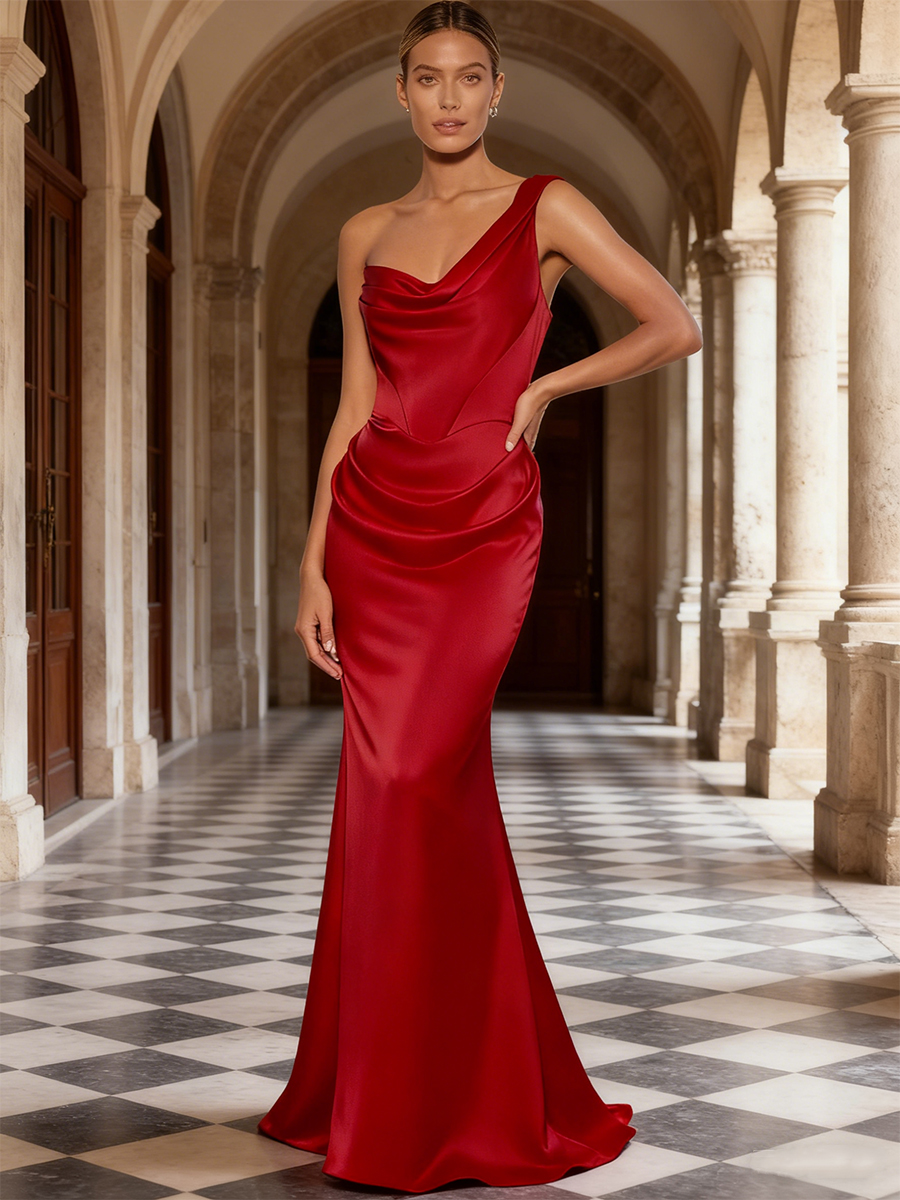 Mermaid One-Shoulder Satin Floor-Length  Draped Formal Evening Party Gown