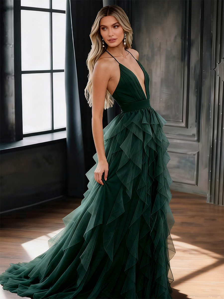Halter V-Neck Tulle Spaghetti Strap Ruffled Floor-Length High Waist Formal Evening Dress