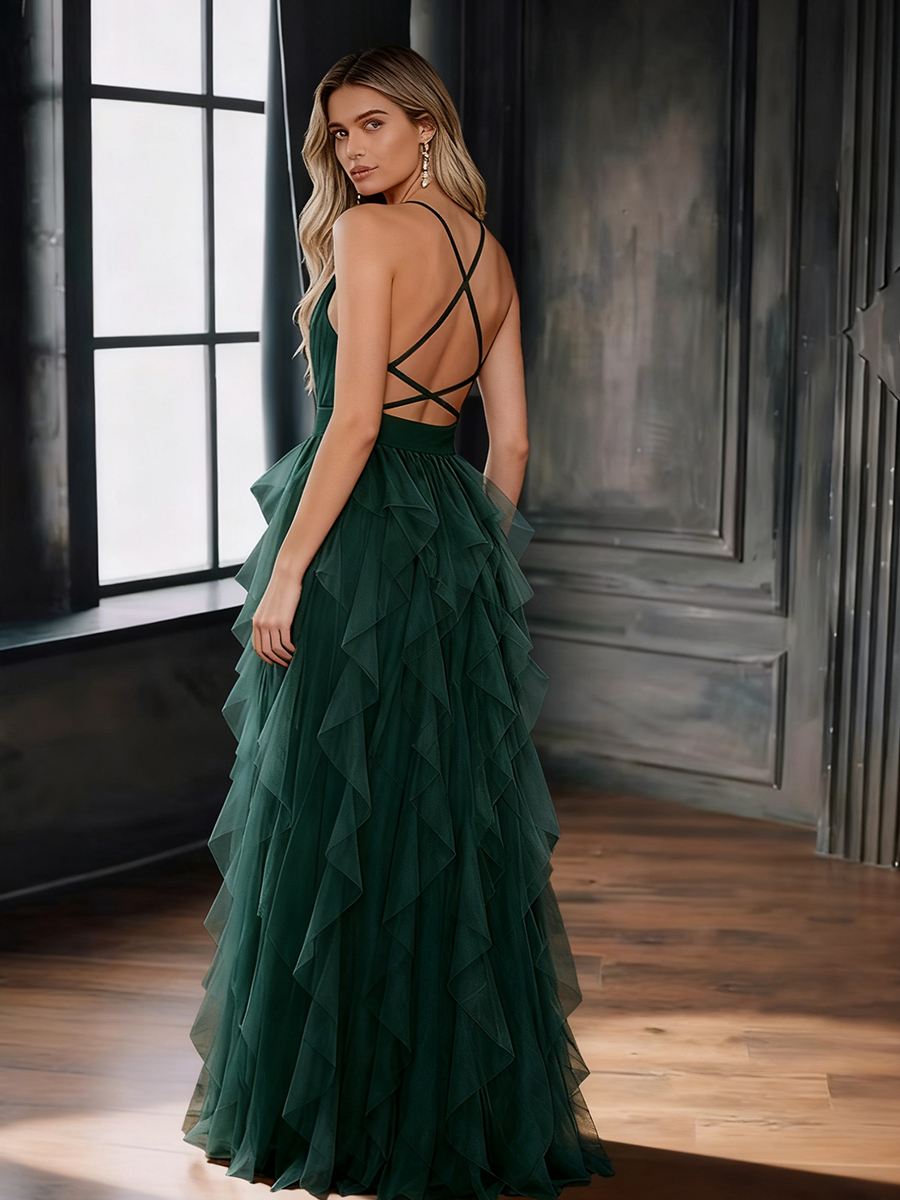 Halter V-Neck Tulle Spaghetti Strap Ruffled Floor-Length High Waist Formal Evening Dress