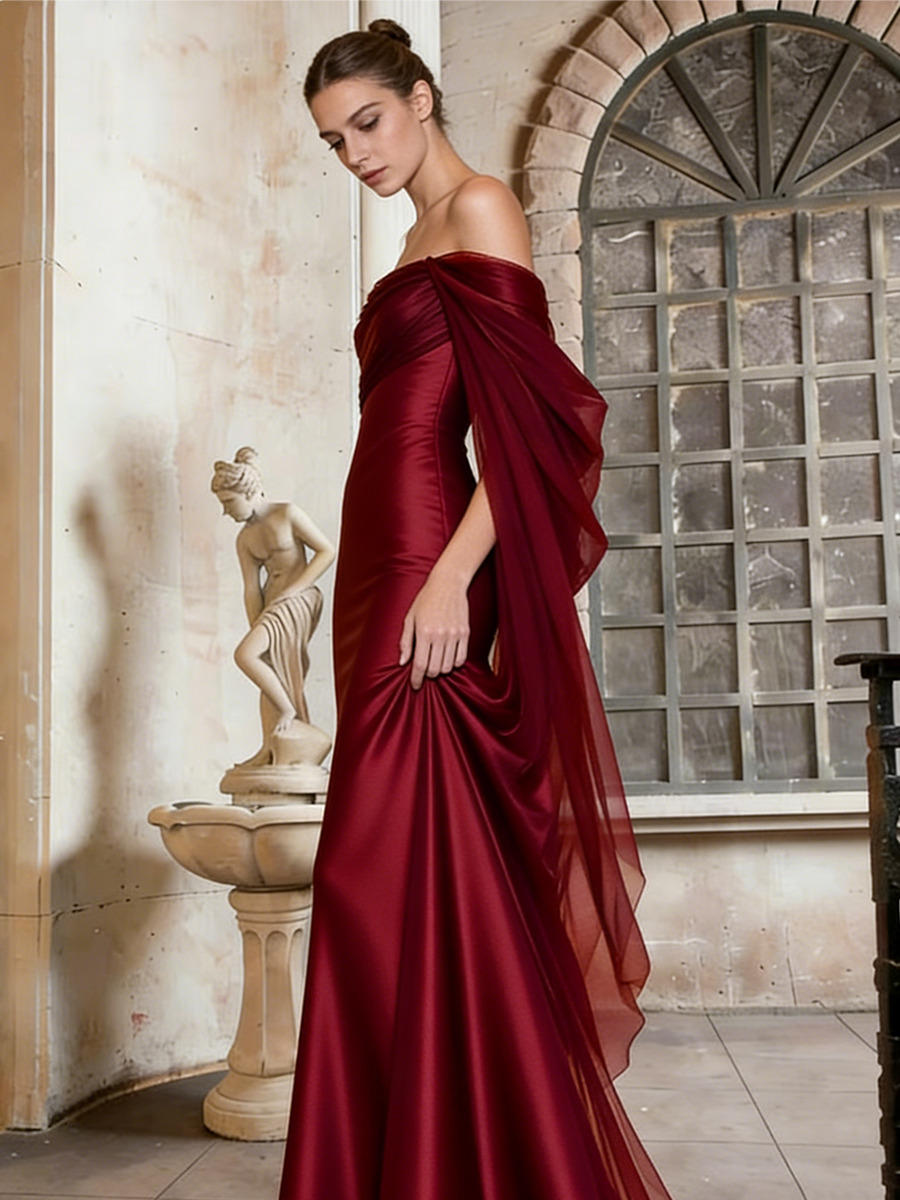 Mermaid Off-the-Shoulder Satin Floor-Length Dress with Detachable Chiffon Drape for Evening & Gala Events