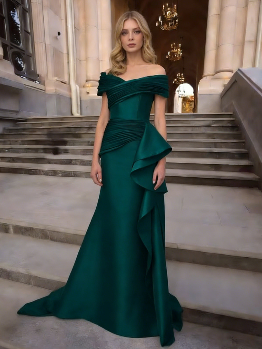 Off-the-Shoulder Satin Floor-Length Dress with Ruffled Side Detail & Court Train for Gala & Events
