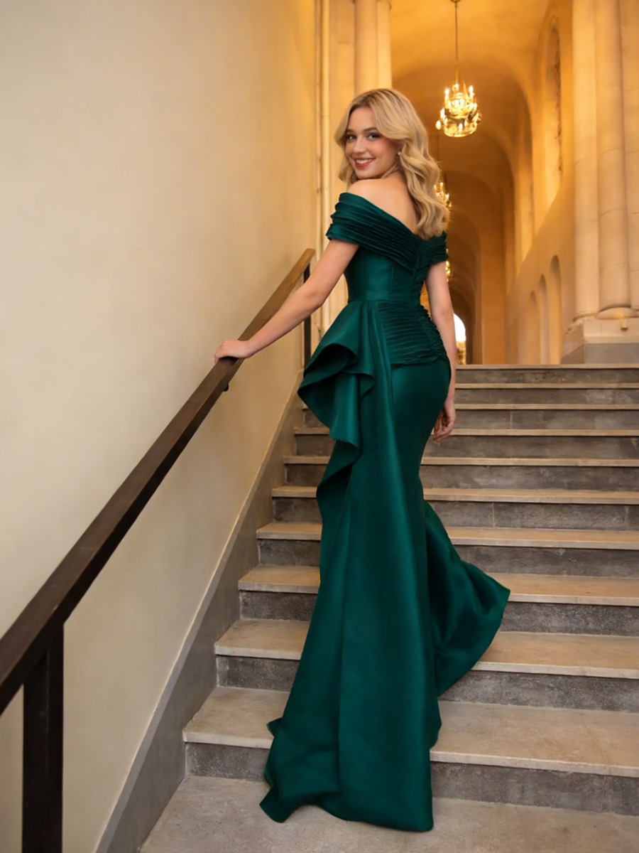 Off-the-Shoulder Satin Floor-Length Dress with Ruffled Side Detail & Court Train for Gala & Events