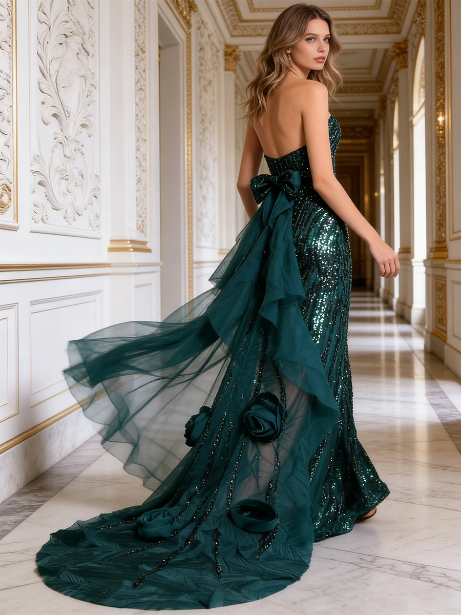 Mermaid Strapless Sequin Tulle Floor-Length Dress with Fringe Hem & Chiffon Train for Gala & Prom Events