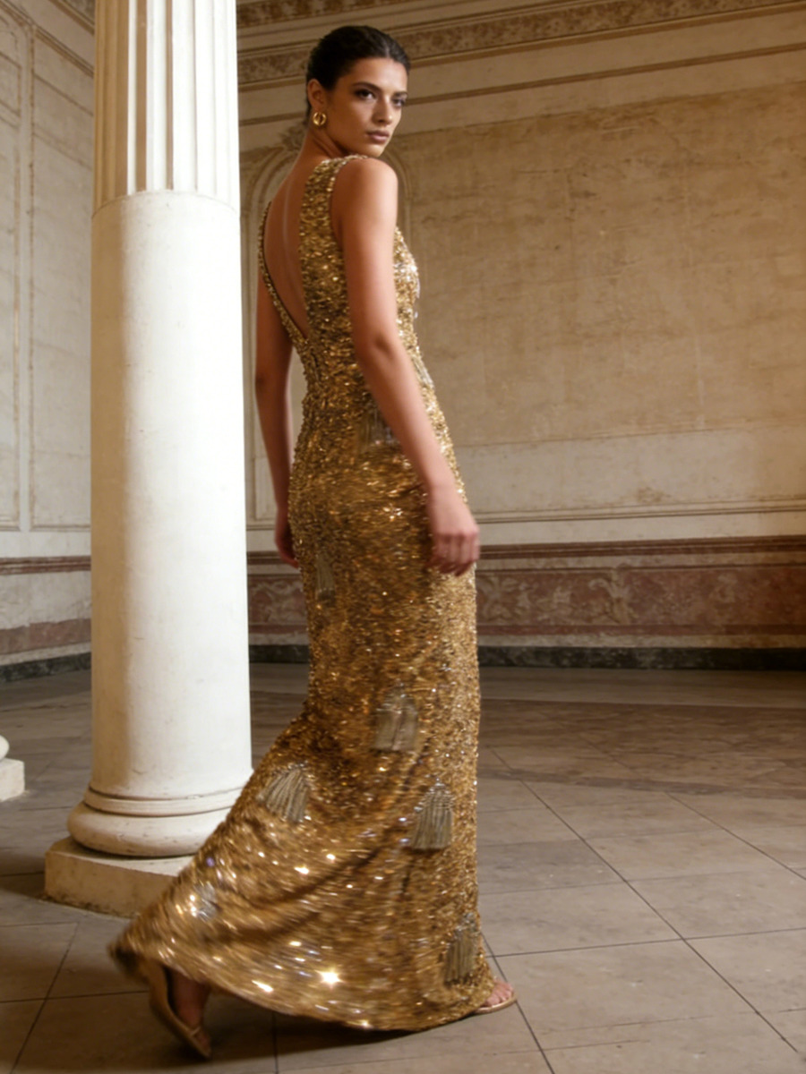 Sheath Deep V-Neck Hand-Beaded Sequin Floor-Length Dress with Fringe Detail for Gala & Red-Carpet Events