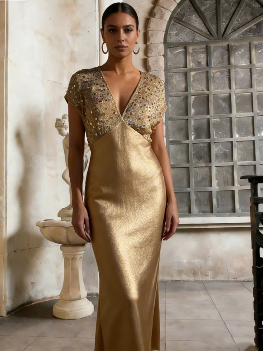 Mermaid Deep V-Neck Satin Ankle-Length Dress with Beaded Sequined Bodice for Prom & Gala Events