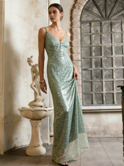 Mermaid Spaghetti Strap V-Neck Sequin Mesh Floor-Length Dress with All-Over Sequins for Prom & Gala Events