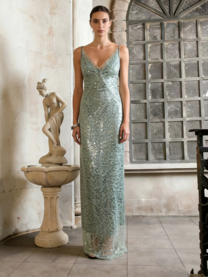 Mermaid Spaghetti Strap V-Neck Sequin Mesh Floor-Length Dress with All-Over Sequins for Prom & Gala Events
