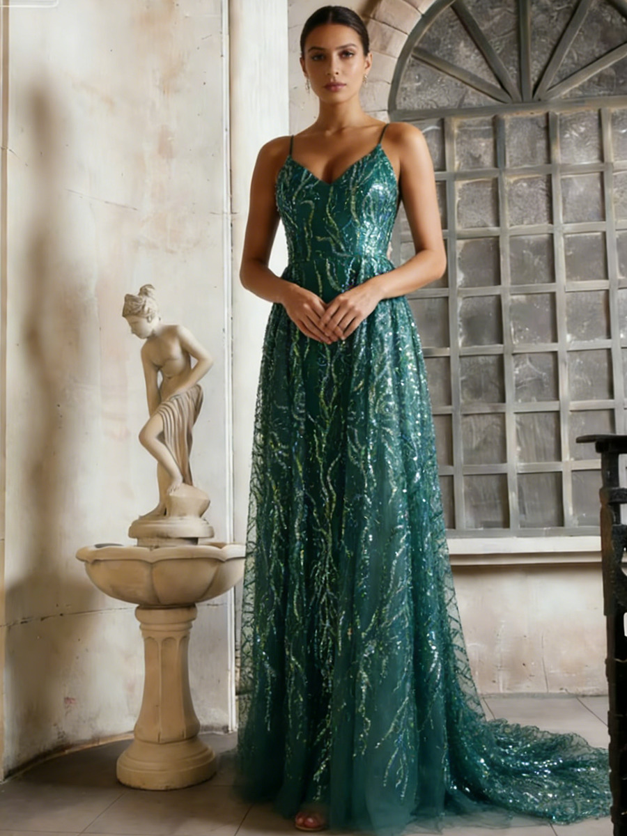 A-Line Sequin Mesh Floor-Length Dress with Trailing Train & Iridescent Sequins for Evening & Gala Events